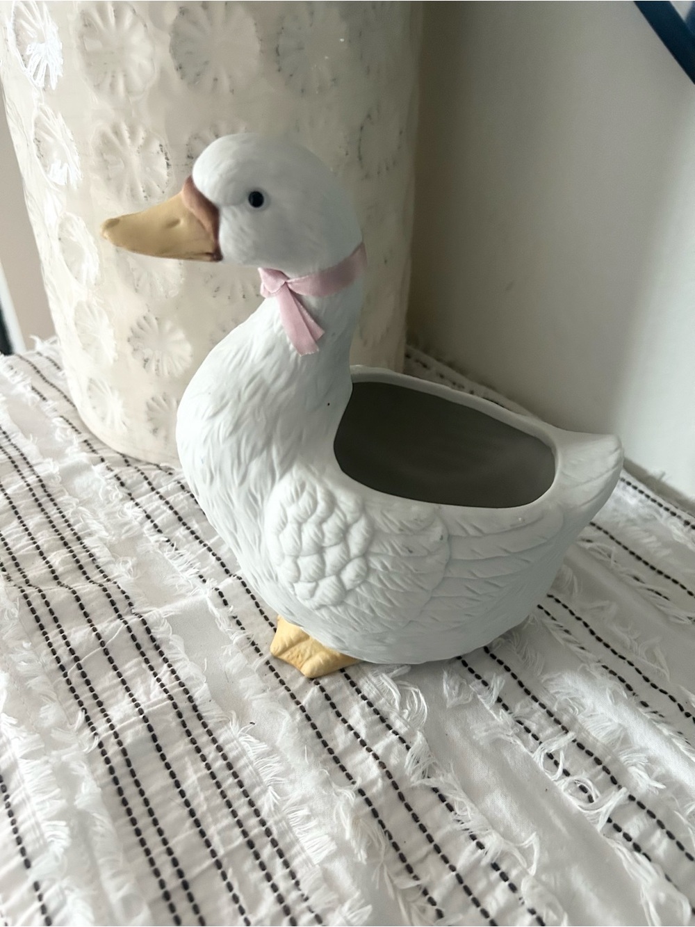 Vintage White Duck Planter with Pink Ribbon
